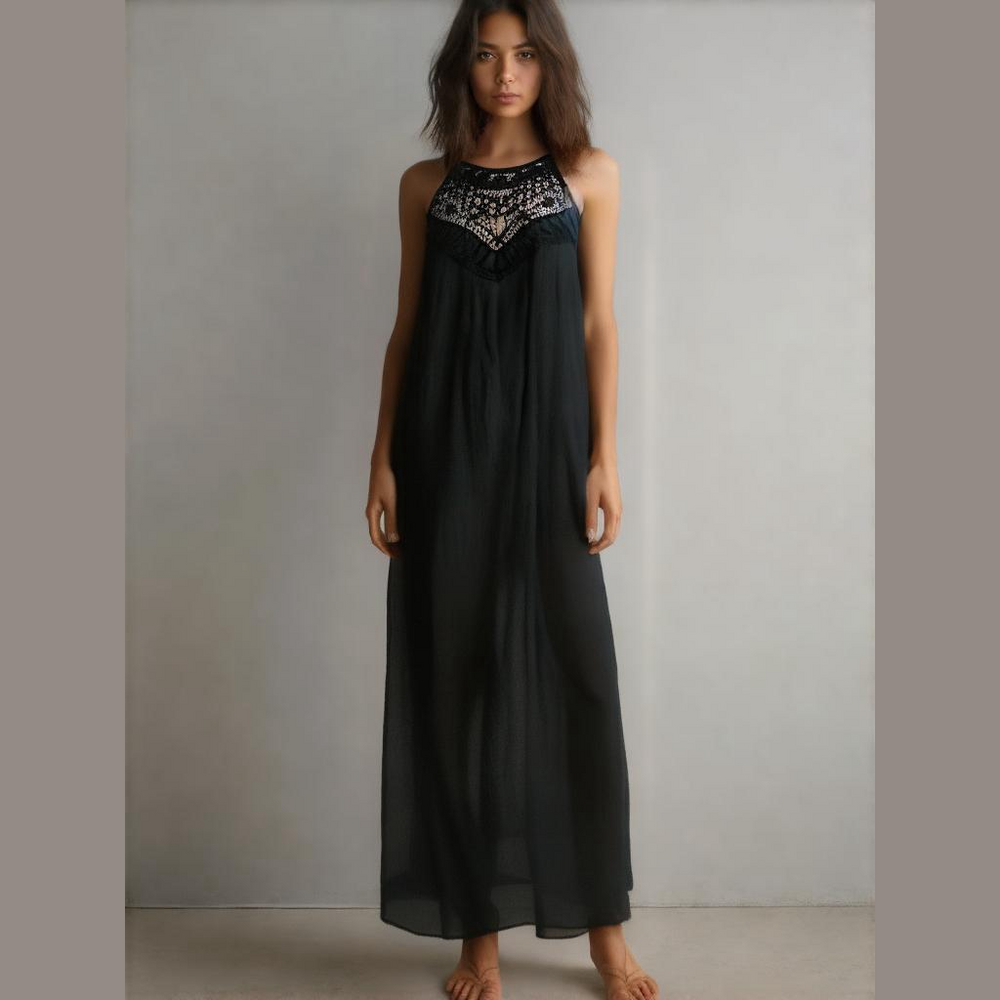 Sleeveless Long Dress Boho Halter Maxi Dresses Casual Loose Sundress with Pocket